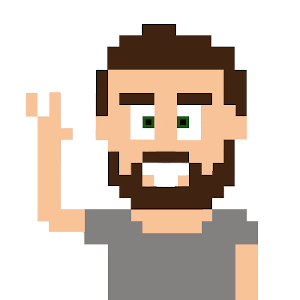 Pixel art happy bearded guy with arm raised